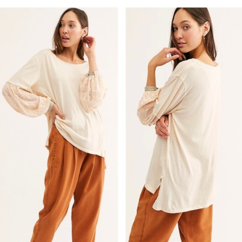 Free People Jade Long Sleeve Contrast Print Top Peach‎ Cream XS